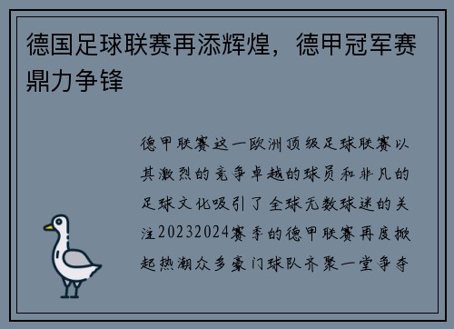 德国足球联赛再添辉煌，德甲冠军赛鼎力争锋