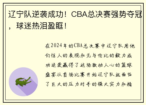 辽宁队逆袭成功！CBA总决赛强势夺冠，球迷热泪盈眶！