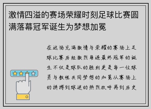激情四溢的赛场荣耀时刻足球比赛圆满落幕冠军诞生为梦想加冕