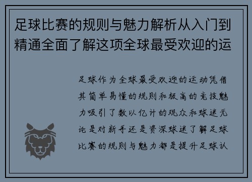 足球比赛的规则与魅力解析从入门到精通全面了解这项全球最受欢迎的运动