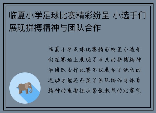 临夏小学足球比赛精彩纷呈 小选手们展现拼搏精神与团队合作