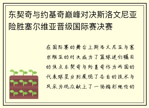 东契奇与约基奇巅峰对决斯洛文尼亚险胜塞尔维亚晋级国际赛决赛