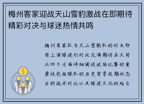 梅州客家迎战天山雪豹激战在即期待精彩对决与球迷热情共鸣