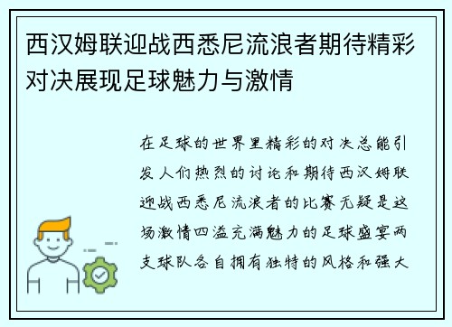 西汉姆联迎战西悉尼流浪者期待精彩对决展现足球魅力与激情