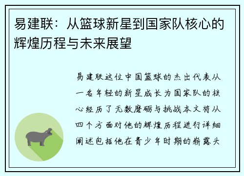 易建联：从篮球新星到国家队核心的辉煌历程与未来展望