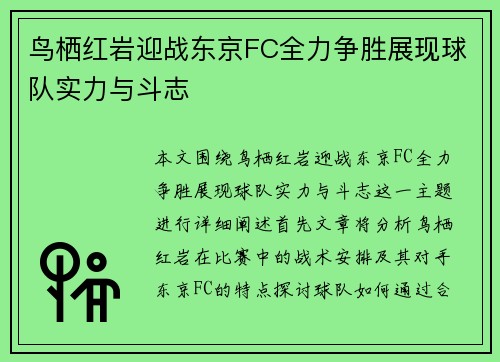 鸟栖红岩迎战东京FC全力争胜展现球队实力与斗志