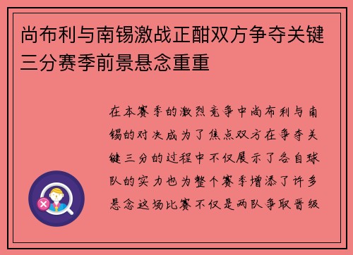 尚布利与南锡激战正酣双方争夺关键三分赛季前景悬念重重