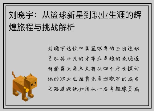刘晓宇：从篮球新星到职业生涯的辉煌旅程与挑战解析