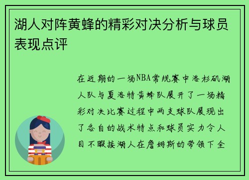 湖人对阵黄蜂的精彩对决分析与球员表现点评