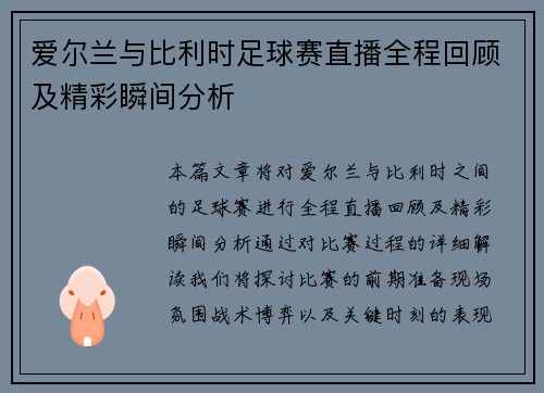 爱尔兰与比利时足球赛直播全程回顾及精彩瞬间分析