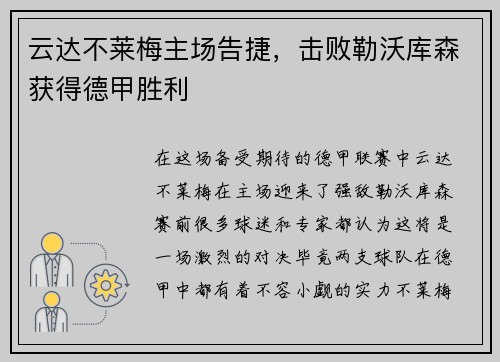 云达不莱梅主场告捷，击败勒沃库森获得德甲胜利