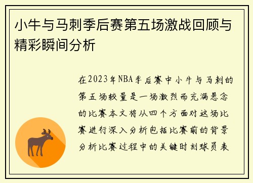 小牛与马刺季后赛第五场激战回顾与精彩瞬间分析