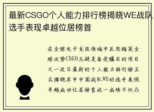 最新CSGO个人能力排行榜揭晓WE战队选手表现卓越位居榜首