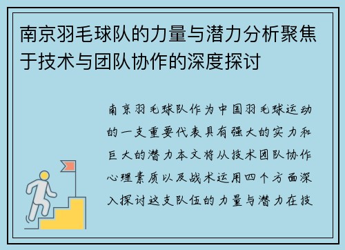 南京羽毛球队的力量与潜力分析聚焦于技术与团队协作的深度探讨
