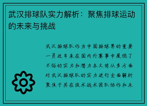 武汉排球队实力解析：聚焦排球运动的未来与挑战