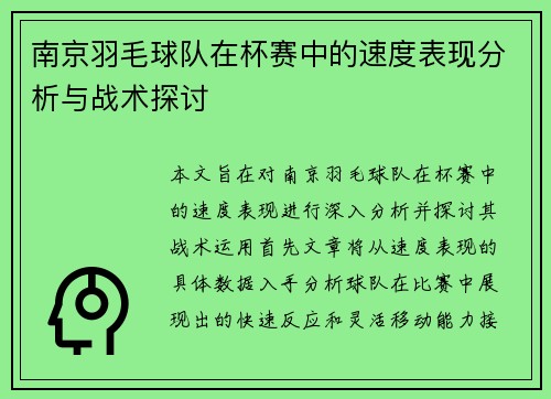 南京羽毛球队在杯赛中的速度表现分析与战术探讨